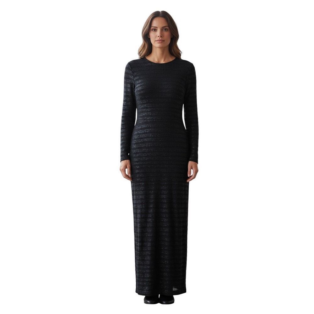 Bieff Basix Size 2 Long Sleeve Beaded Silk Maxi Dress Black Blue Stripe Holiday